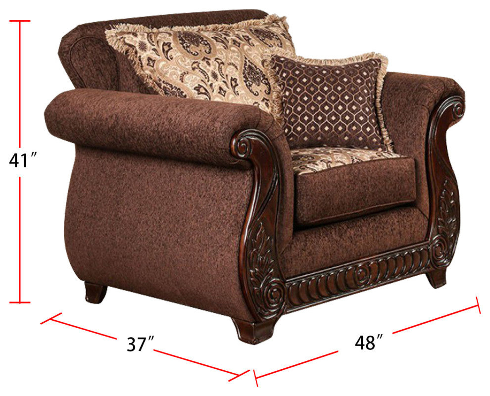 Fabric Upholstered Chair with Rolled Arms Design, Brown, Gold