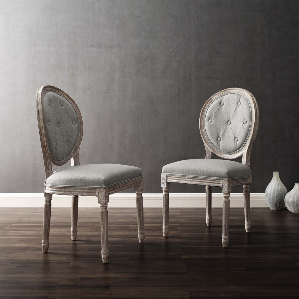 French Vintage Side Dining Chair, Set of 2, Fabric, Wood, Gray, Modern