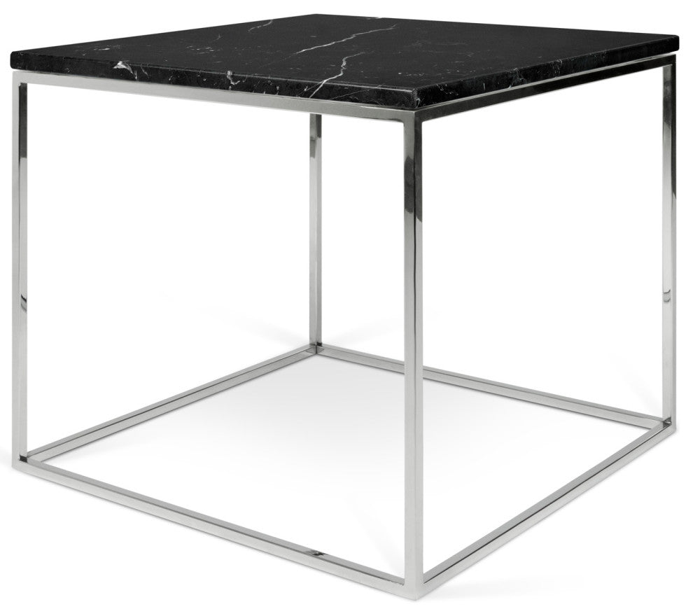 Minimal Modern Cube Marble Top Side Table, Black Marble/Chrome