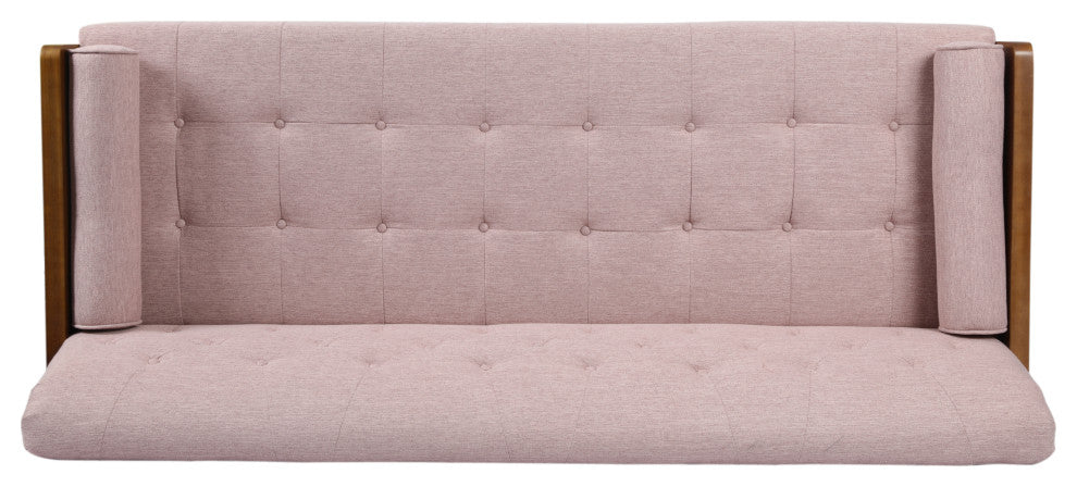 GDF Studio Aidan Mid Century Modern Tufted Fabric Sofa, Light Blush/Dark Walnut