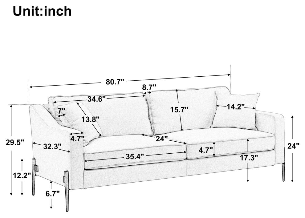 81 Inch Polyester Modern Loveseat Sofa with Two Pillows, Grey
