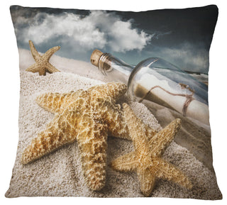 Message Bottle Buried in Sand Seascape Throw Pillow, 18"x18"