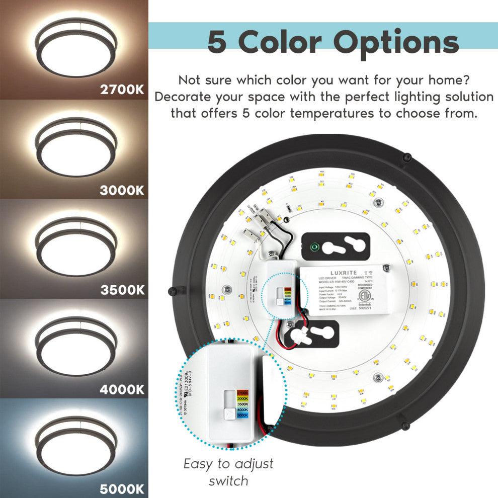 Luxrite 10" LED Flush Mount 5 Color Options 14W 1050lm Matte Black