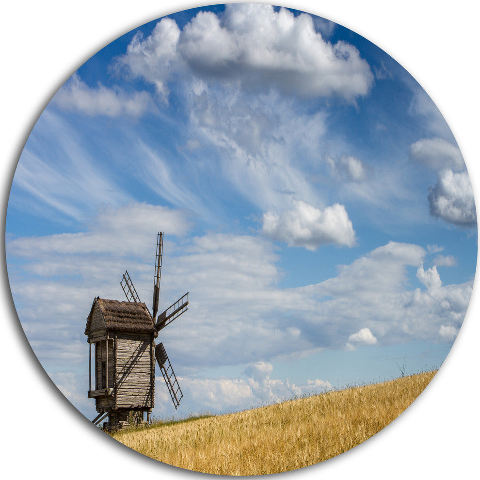 Cloudy Sky And Windmill Summer Day, Landscape Disc Metal Artwork, 23"