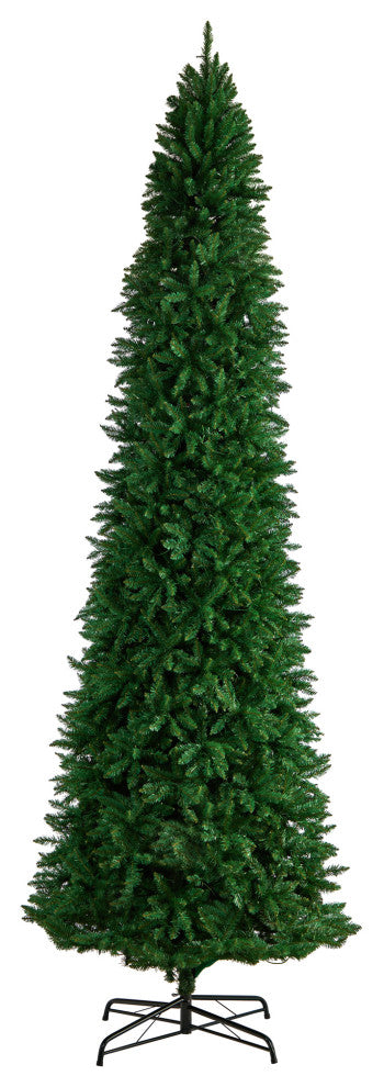 12' Slim Green Mountain Pine Christmas Tree, 1100 Clear LED Lights, 3235 Tips