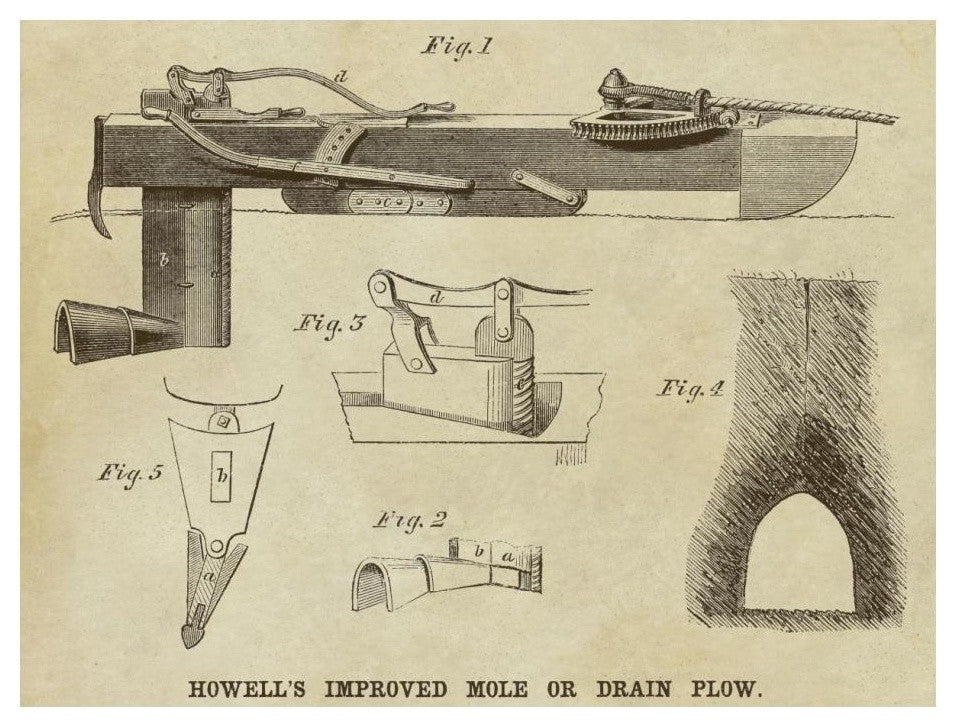 "Howell's Improved Mole or Drain Plow" Paper Print by Inventions, 24"x19"