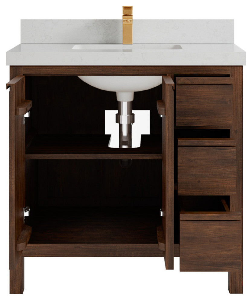 Elizabeth 36 Center Sink Bath Vanity in Dark Walnut Teak 2" Carrara Quartz