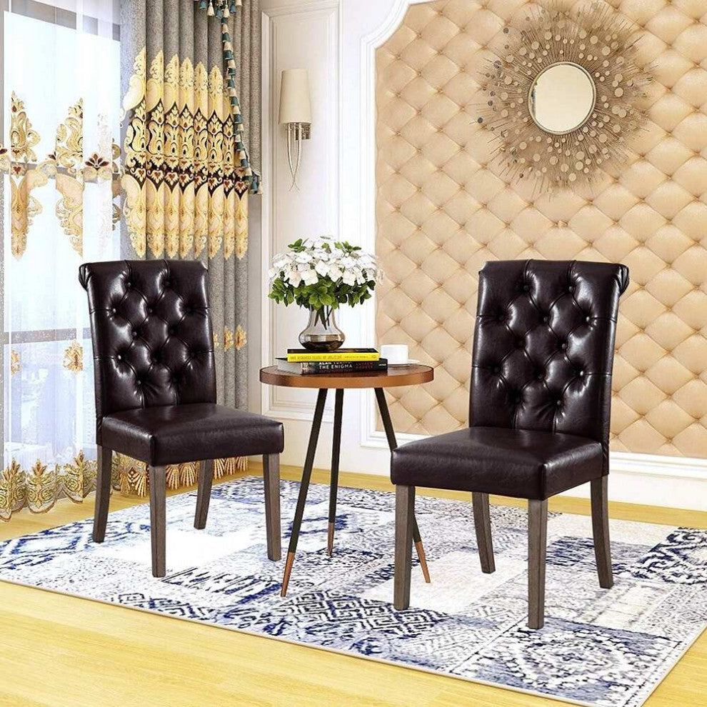 Button Tufted Armless Dining Room Chairs, Set of 2, Brown
