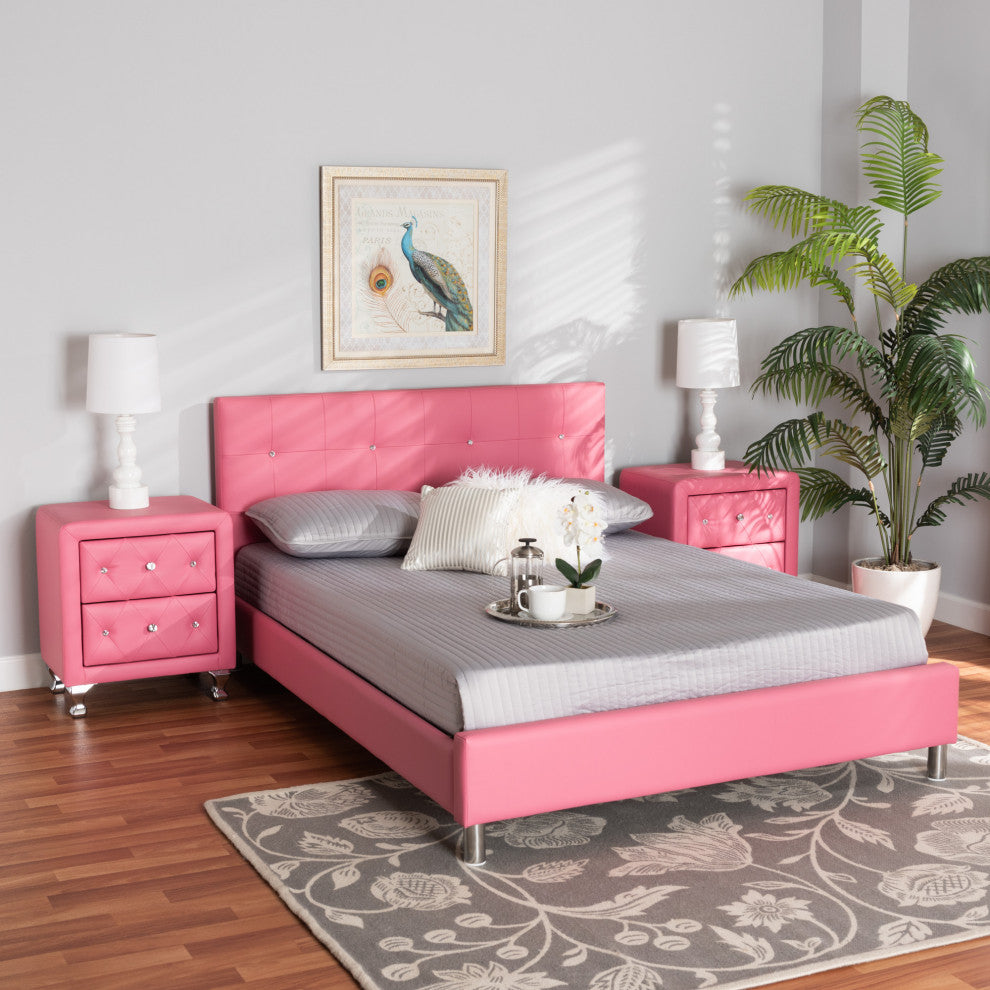 Barbara Glam Pink Faux Leather Upholstered Queen Size 3-Piece Bedroom Set