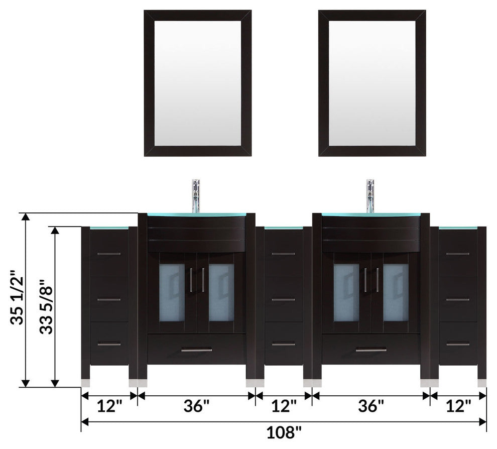 108" Black Vanity, 36" Double Sink Bases, Triple 12 Drawer Bases, LV3-C21-108-B