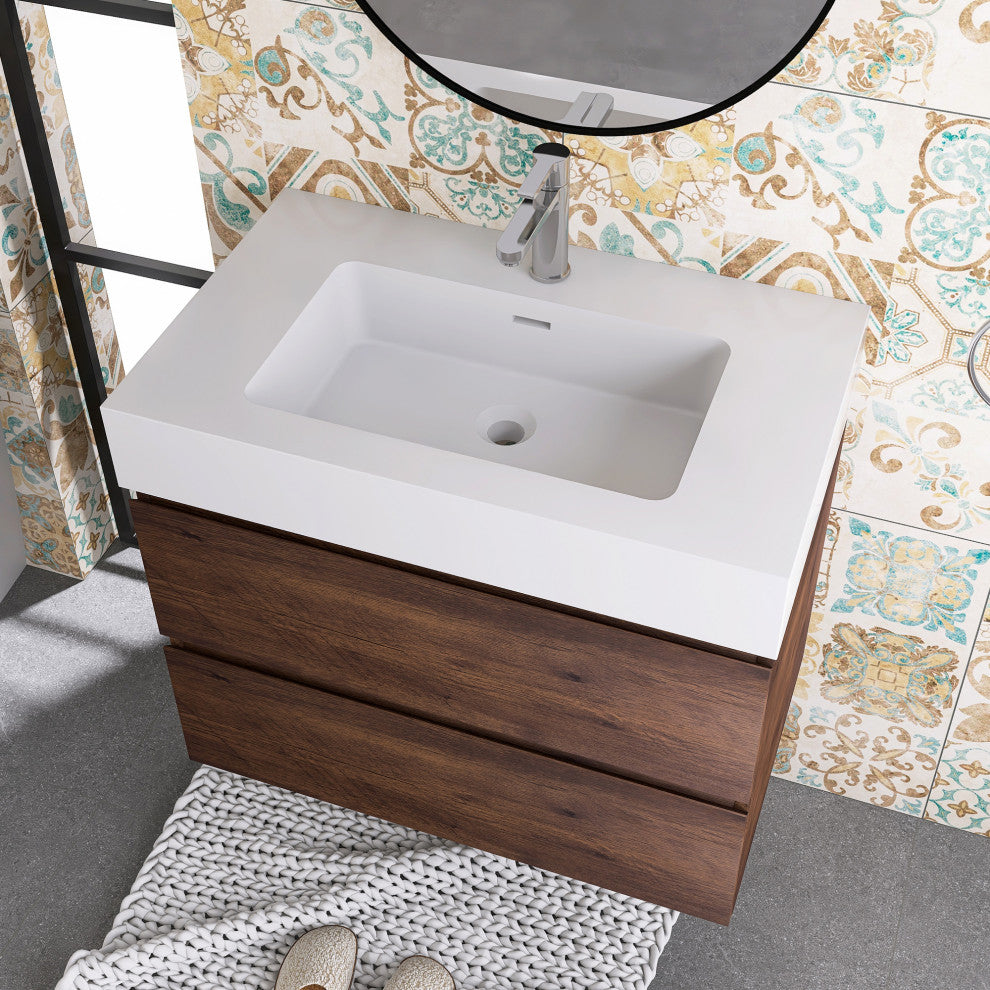 Wood Wall-Mounted Bathroom Vanity Set with Integrated Resin Sink, Walnut, 30"