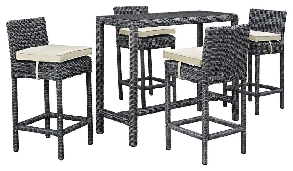 Modway Summon 5 Piece Outdoor Patio Sunbrella Pub Set, Antique Canvas Beige