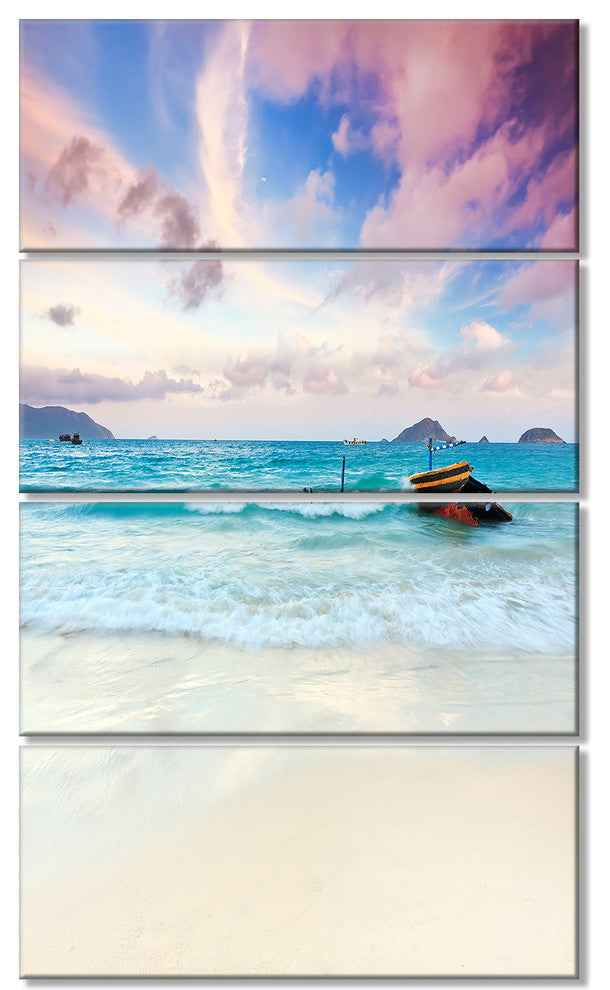 "Exotic Seashore Sunset Over Blue Sea" Seascape Art Canvas, 4 Panels, 28"x48"
