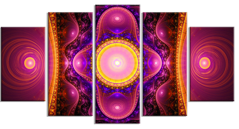 Pink Cryptical Fractal Design, Contemporary Wall Art Canvas, 60"x32", 5 Panels