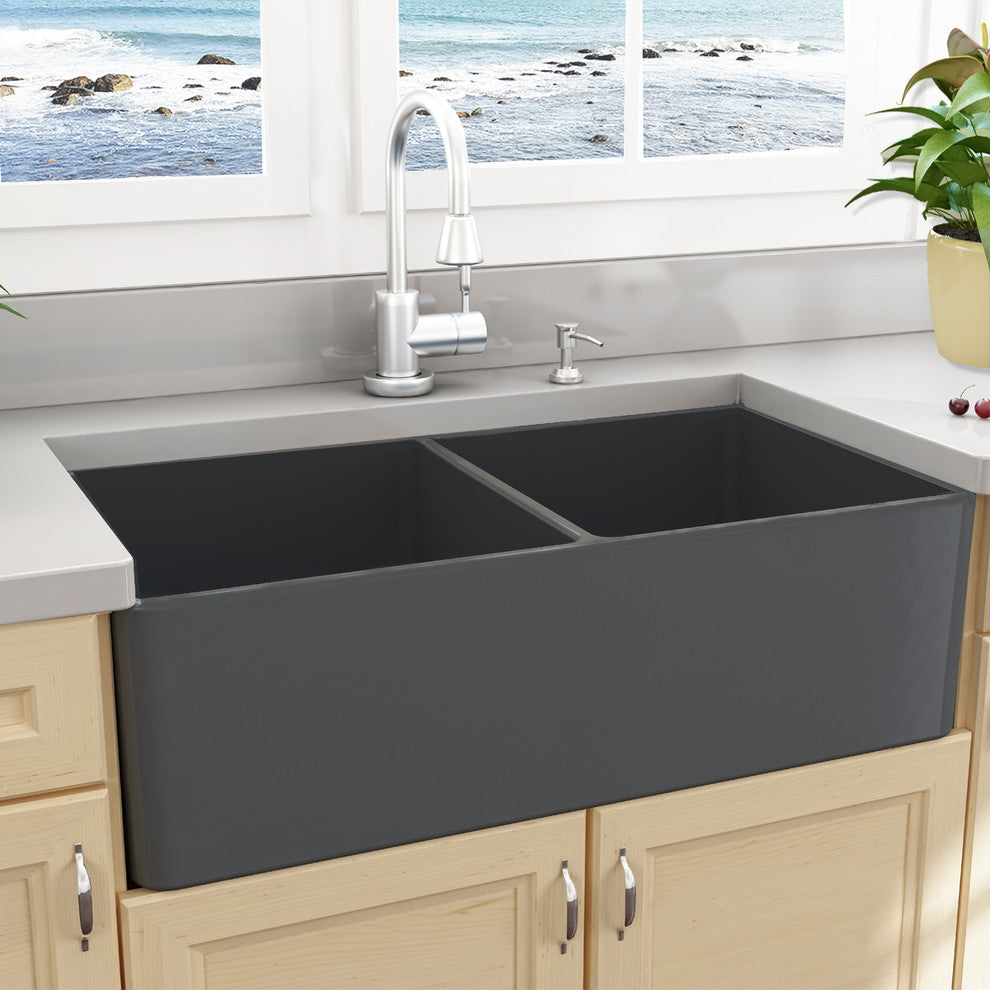 Nantucket Sinks 33'' Double Bowl Gray Fireclay Farmhouse Sink