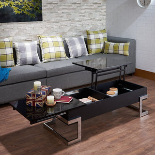 Modern Coffee Table, Unique Design With Chrome Base & Lift Up Tray Top, Black