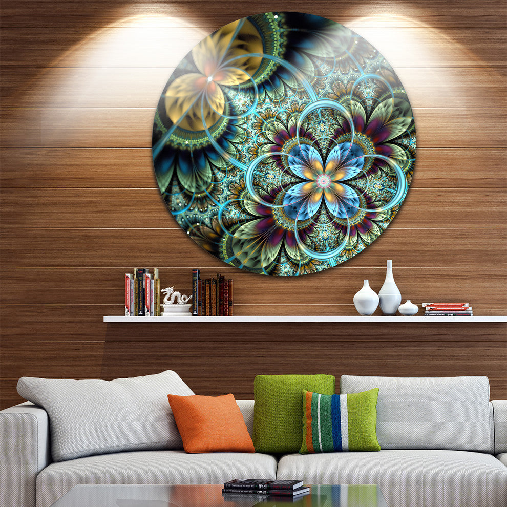 Fractal Dark Orange Blue Flowers, Floral Large Disc Metal Wall Art, 36"