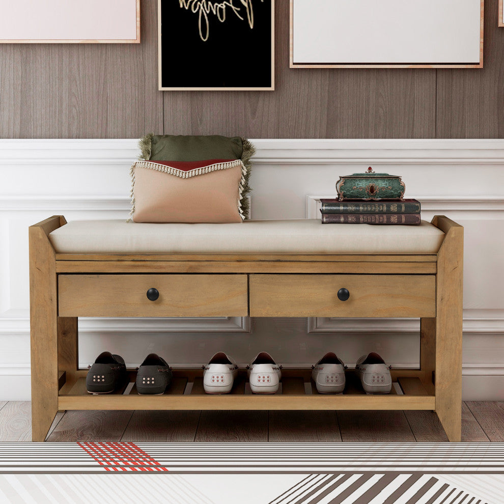 TATEUS 39" Entryway Storage Bench With Shoe Rack and Cushioned Seat, Old Pine