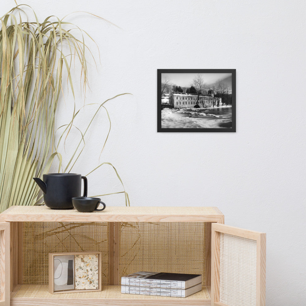 Winter at Powder Mill Rural Landscape Framed Photo Paper Wall Art Prints, Black, 11" X 14"