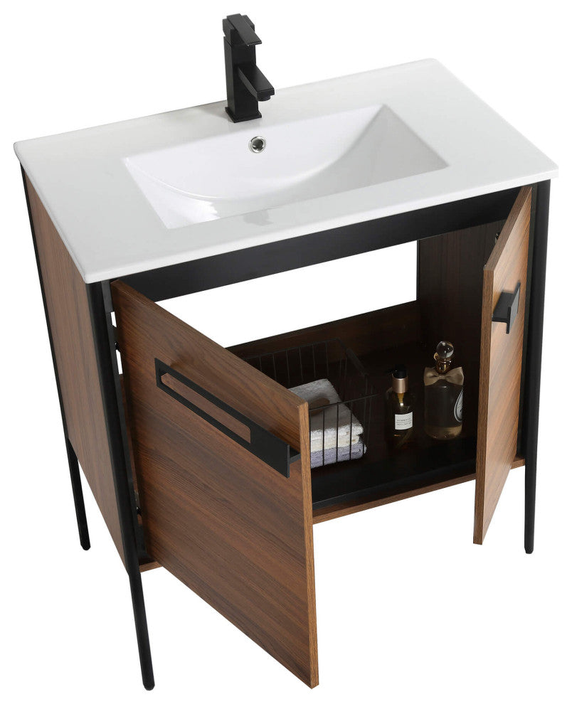 Oakville Bath Vanity, Ceramic Sink, Walnut Ebony, 30 Inch, Black Hardware
