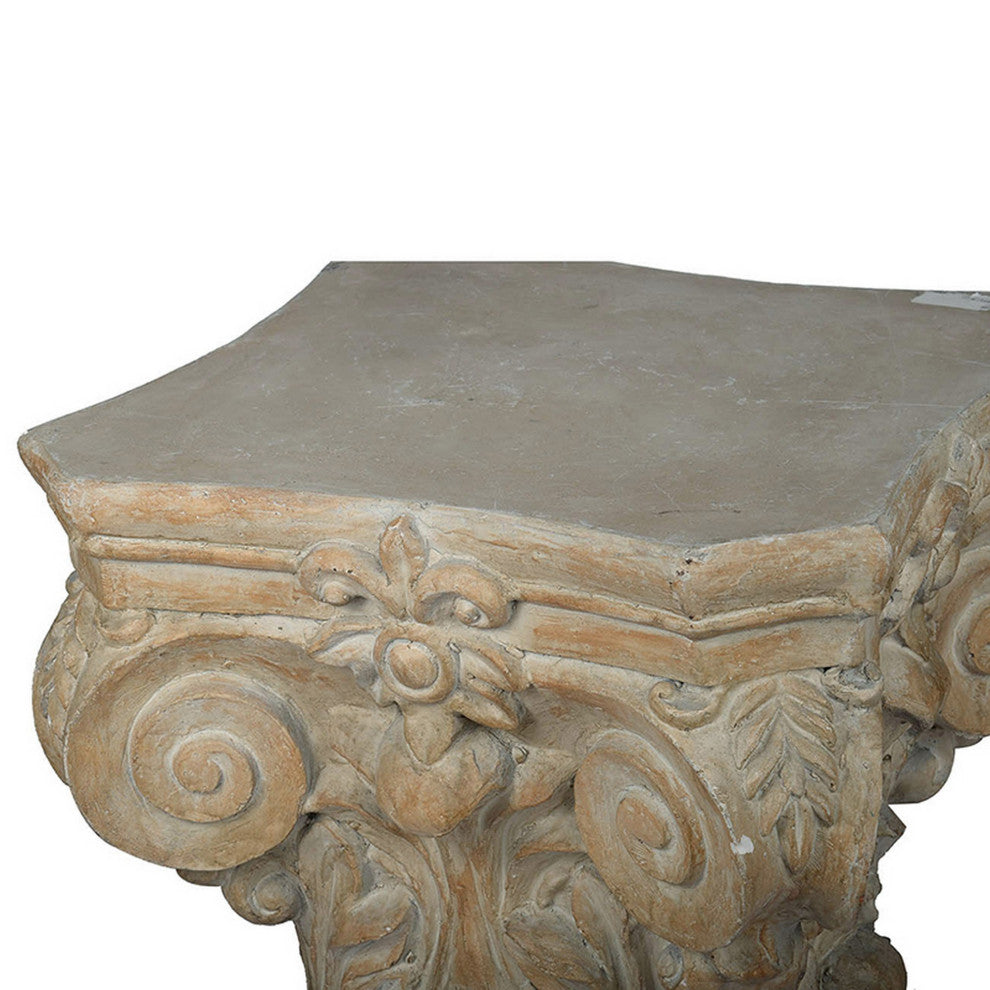 Benzara BM285209 18" Column Pedestal, Classic Carved Scrollwork, Antique White