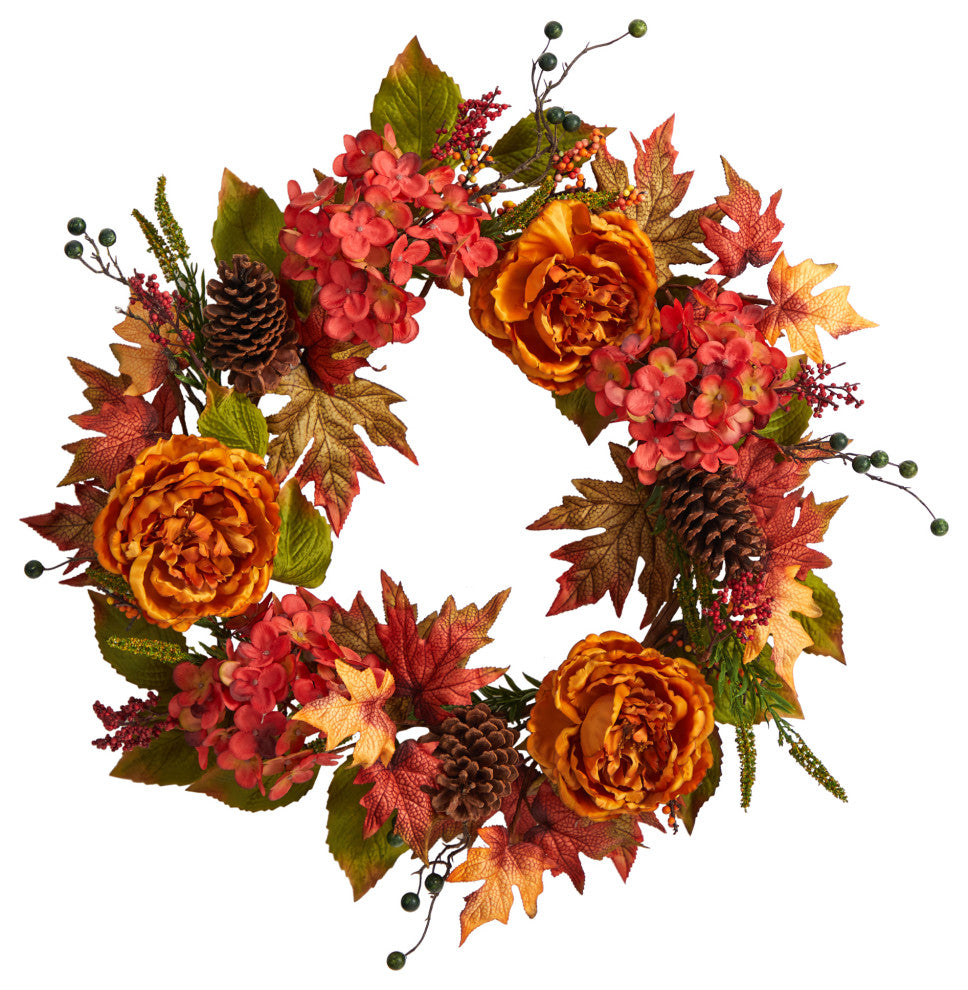 W1229 25 Fall Ranunculus, Hydrangea and Berries Autumn Artificial Wreath
