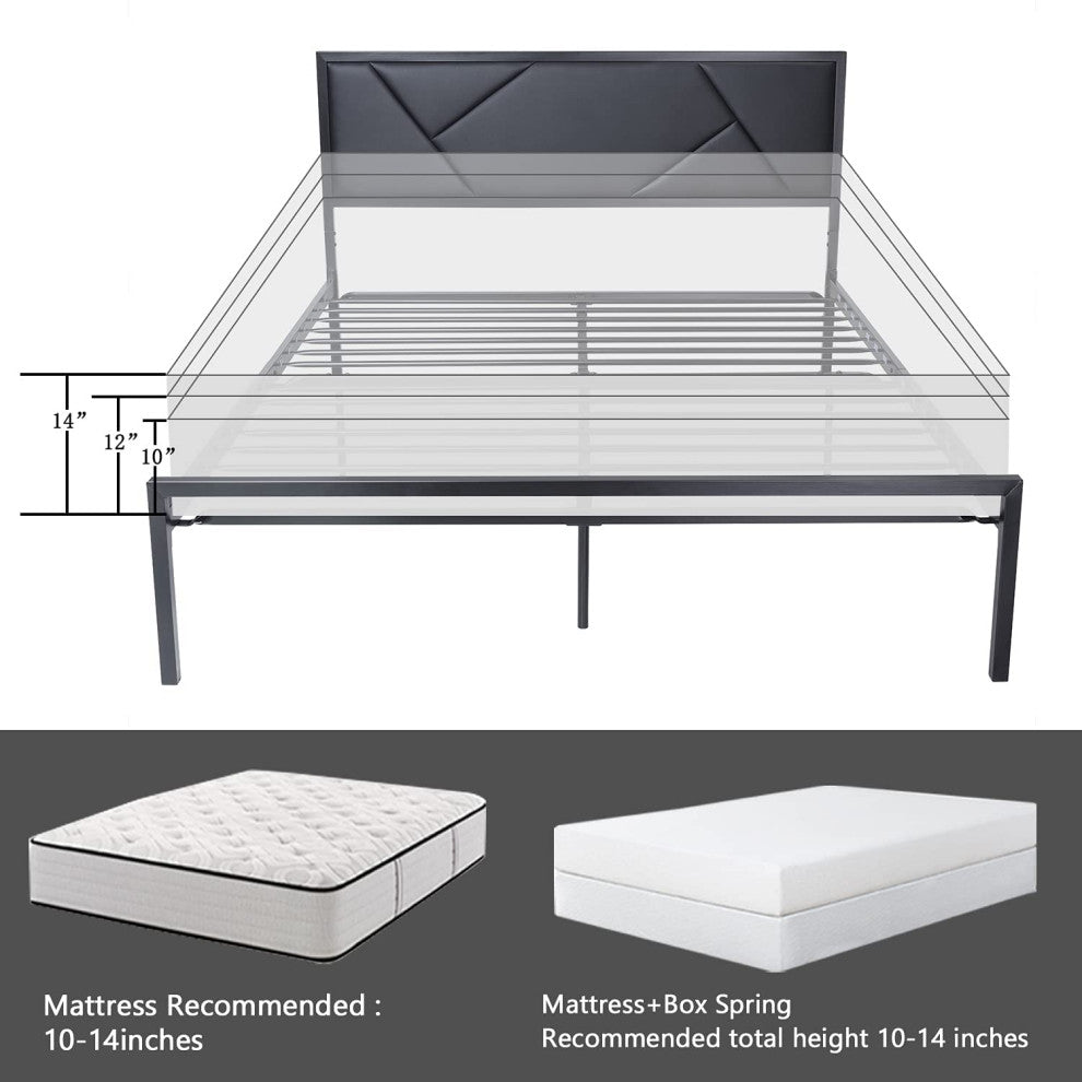 Modern Full Size Metal Bed Frame with Geometric Litchi Grain Leather Headboard