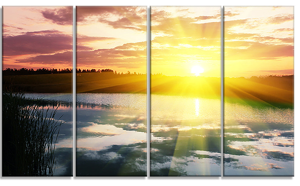 Bright Yellow Sunrise over Lake, Large Seashore Canvas Print, 48"x28", 4 Panels