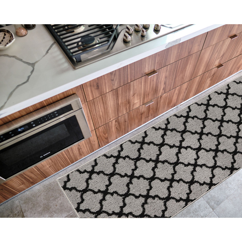 Wool Effect Arabesque, Gray/Black, Kitchen Runner Rug
