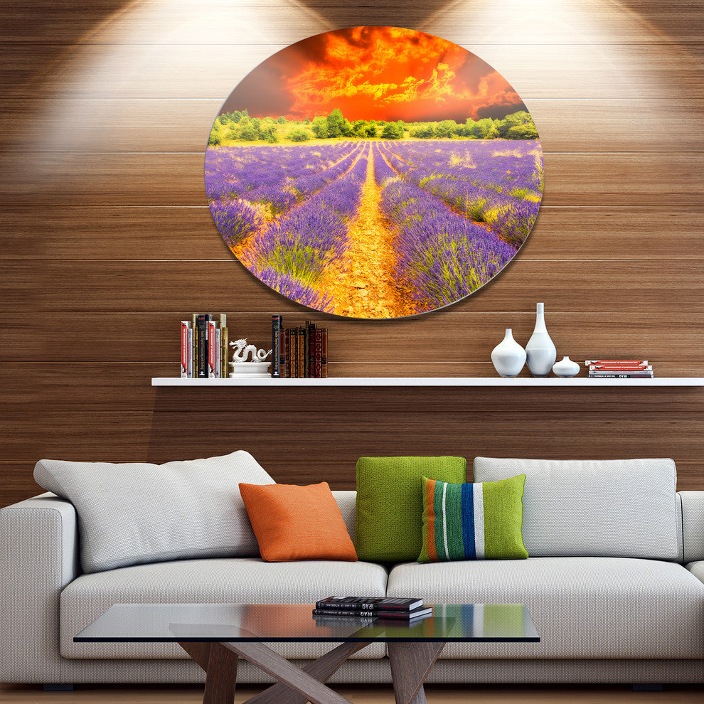 Beautiful Lavender Field And Sunset, Floral Disc Metal Wall Art, 36"