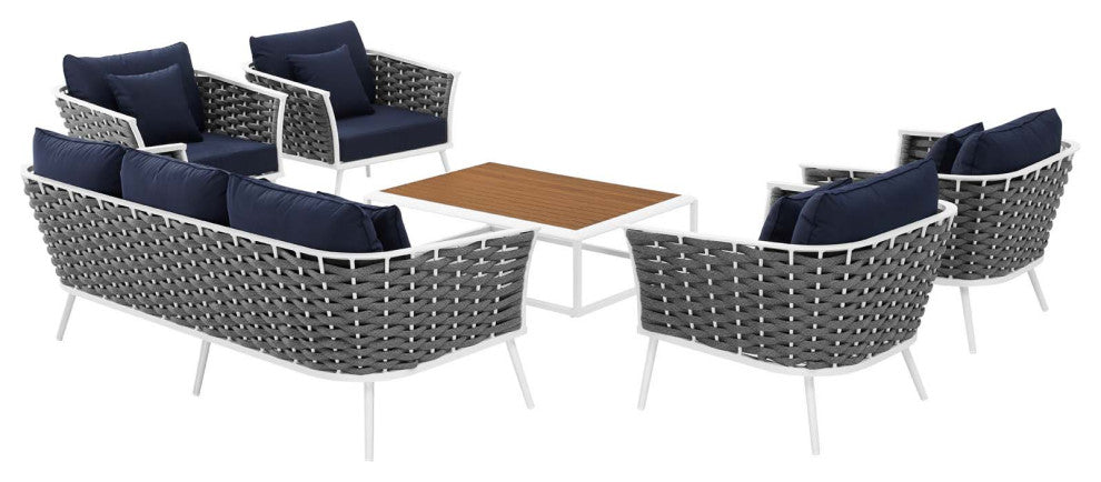 Modern Outdoor Sofa, Chair and Coffee Table Set, Aluminum Fabric, Navy White