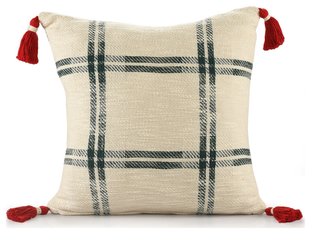 Ox Bay Handwoven Cream/Green Plaid Organic Cotton Pillow Cover, 20"x20"