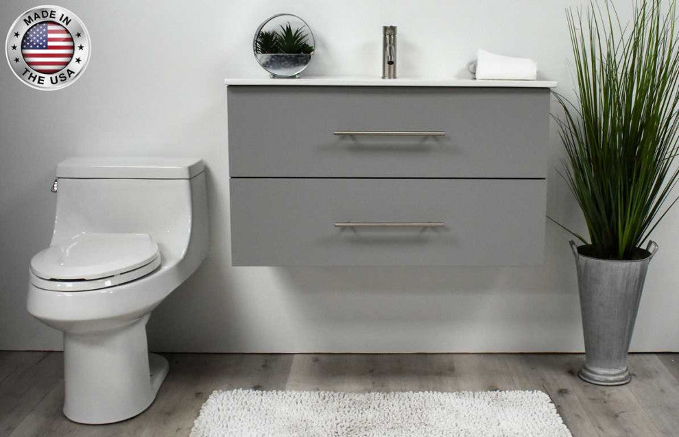 Napa 36" Modern Floating Bathroom Vanity With Ceramic Top and Round Handles, Gray