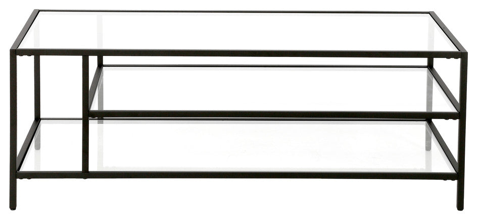 46" Black Glass And Steel Coffee Table With Two Shelves
