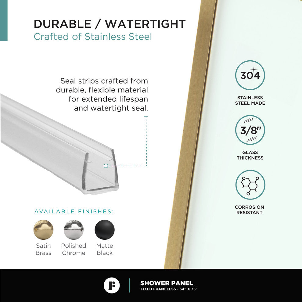 Single Fixed Glass Shower Panel - Clear Tempered Frameless Shower Glass Door, Satin Brass, 34"