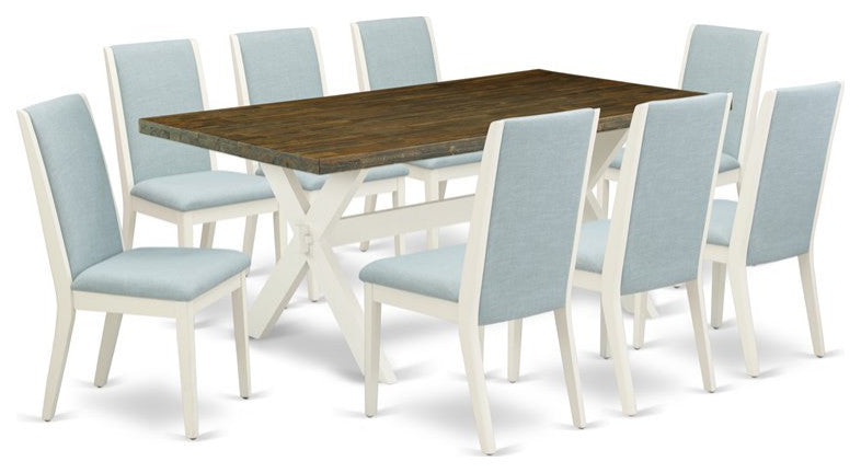 9-Piece Set, Table and 8 Chairs With Baby Blue, Linen Fabric, Medium Size Table