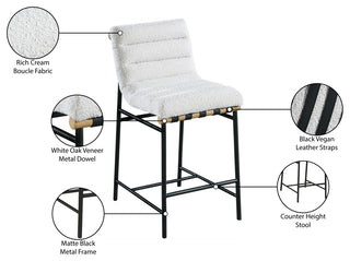 Burke Counter Stool, Cream, Boucle Fabric, White Oak Veneer Metal Dowel