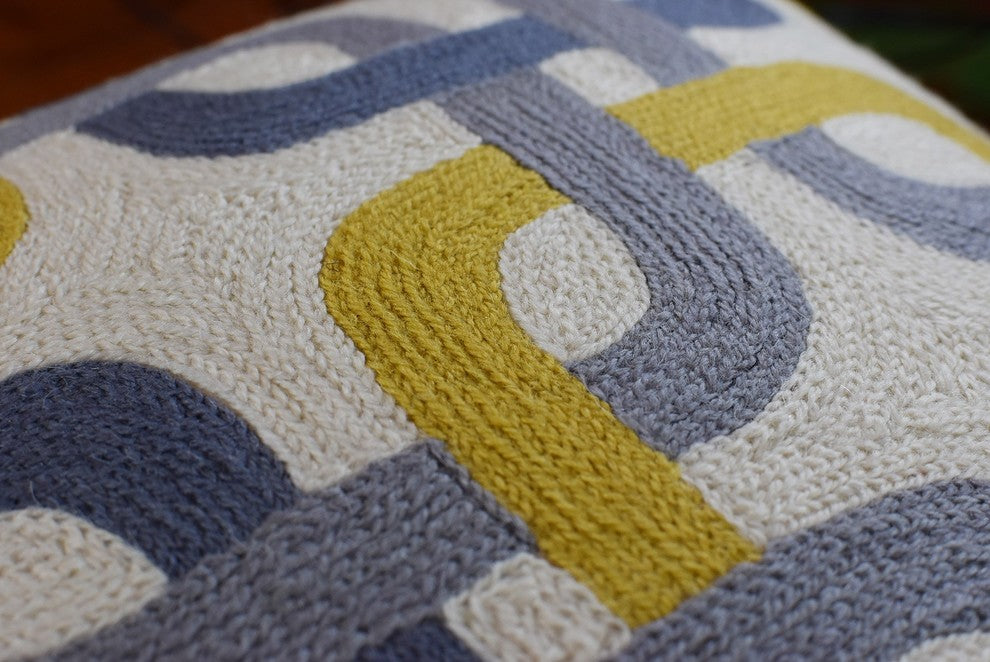 Gotcha Geometric Suzani Ivory Gray Gold Pillow Cover Handembroidered Wool 20x20"