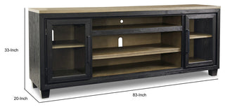 83" TV Entertainment Media Console, 2 Door, Wood, Glass, Black, Brown