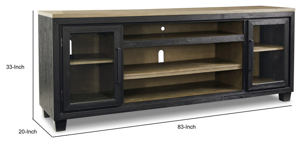 83" TV Entertainment Media Console, 2 Door, Wood, Glass, Black, Brown