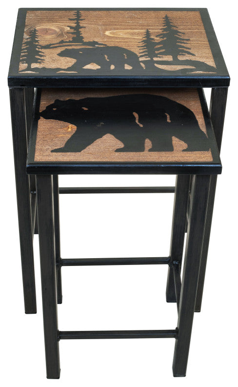Black Iron and Stained Wood Nesting Table Set With Bear Scene