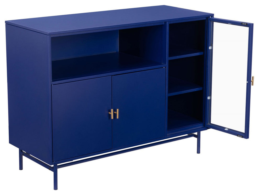Bar Cabinet, Glass, Metal, Blue, Clear, Gold, Bar Kitchen Pub Cafe Bistro