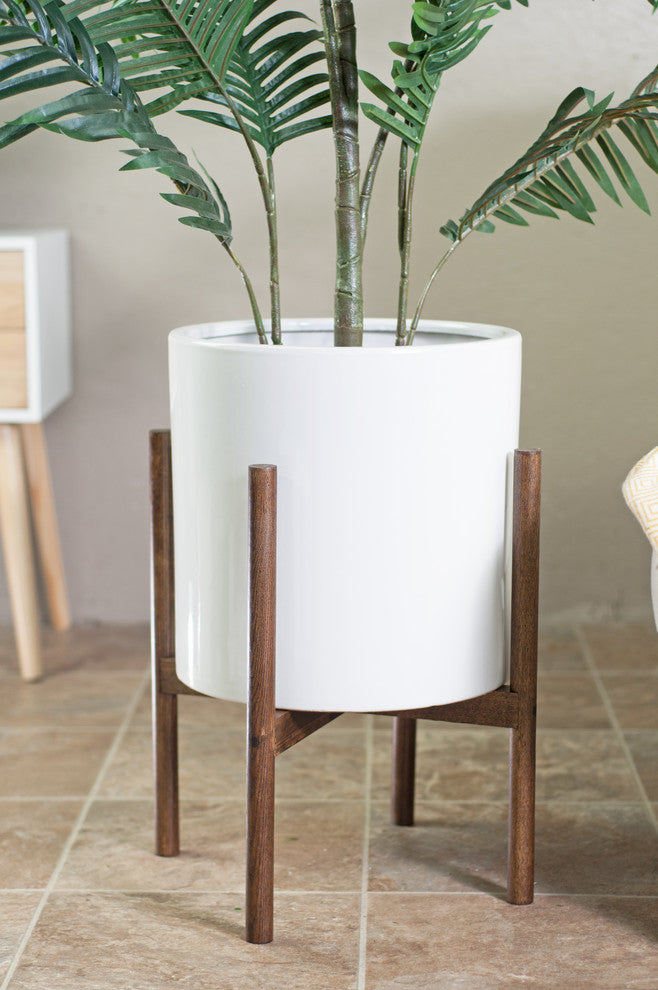 Ceramic Planter Large Cylinder Pot 13" White With Plant Stand Set Dark Walnut