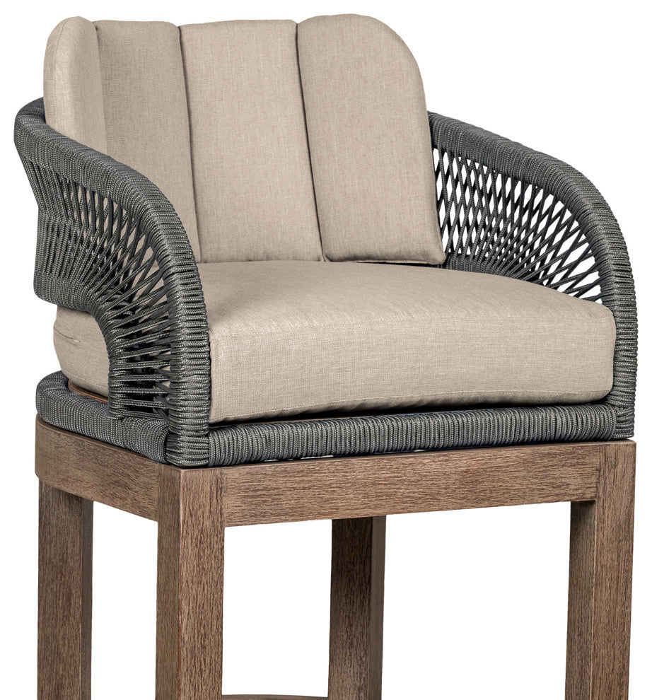 Orbit Outdoor Patio 30" Bar Stool Wood With Gray Rope/Taupe Olefin Cushions