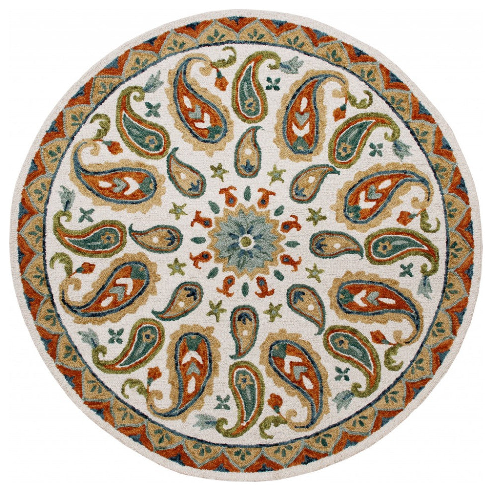 5" Round Orange and White Paisley Area Rug