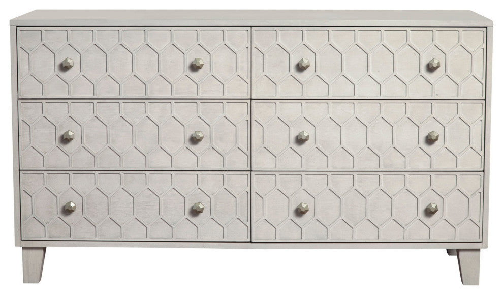 Benzara BM284296 Rue 60" 6 Dresser Drawer, Honeycomb Texture, Wood, Light Gray