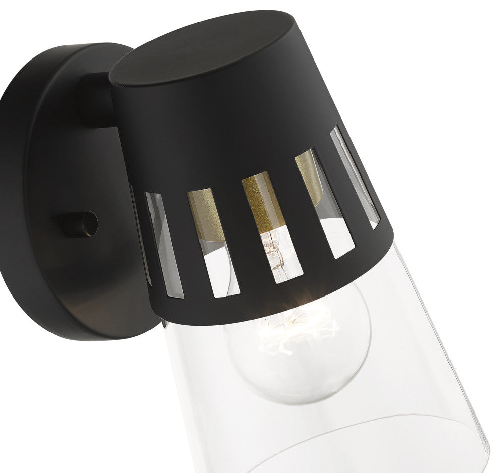 Covington 1-Light Black Outdoor Small Wall Lantern, Soft Gold Accents
