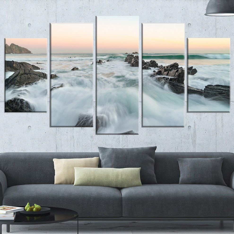 "Bay of Biscay Sunrise Waves" Extra Large Wall Art Landscape, 5 Panels, 60"x32"