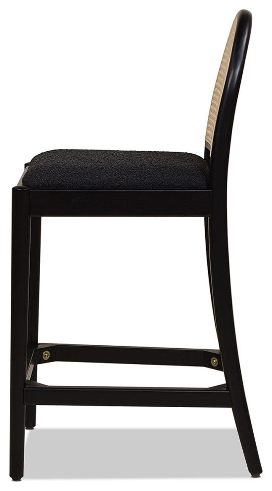 Panama Curved Back Cane Rattan Stool, Set of 2, Ebony Black Boucle, 26.5" Counter Height