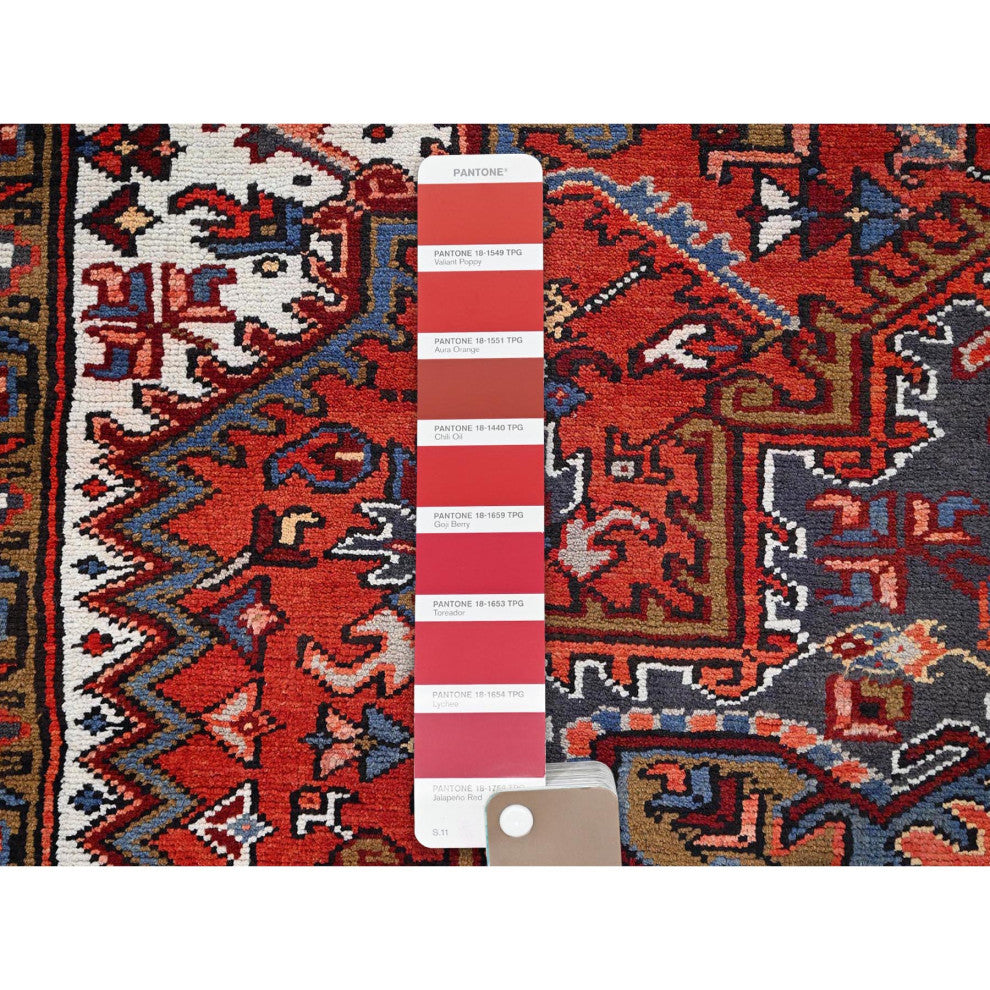 Imperial Red Semi Antique Persian Heriz Worn Wool Hand Knotted Rug 8'1"x11'1"